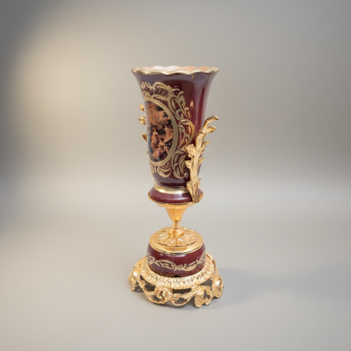 Baroque Trophy Vase in Wine Ceramic with Gilt Brass Acanthus Mounts & Scenic Medallion