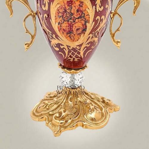 Baroque Urn Table Lamp Hand-Painted Floral Ceramic Body Brass Crystal Accent Ivory Shade Brass and Wood Gold Front | Brass & Wood