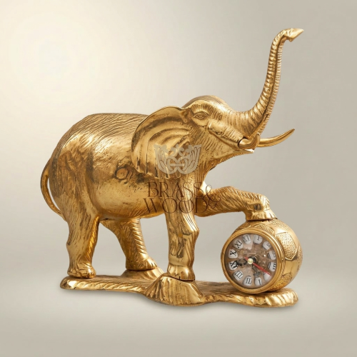 Handcrafted Brass Elephant Figurine with Orb Mantel Clock Trunk Up Lucky Sculpture Brass and Wood Gold Front | Brass & Wood