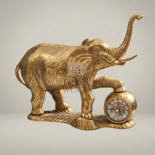 Handcrafted Brass Elephant Figurine with Orb Mantel Clock Trunk Up Lucky Sculpture Brass and Wood Gold Front | Brass & Wood