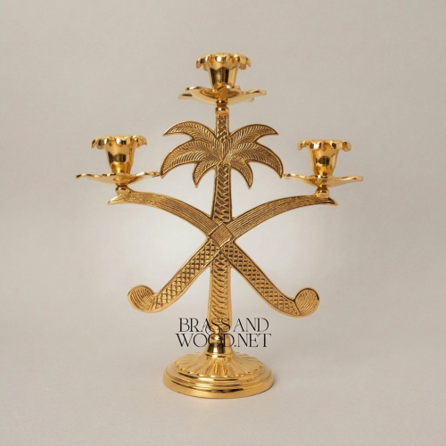 Brass Palm Tree & Crossed Swords Three-Arm Candelabra