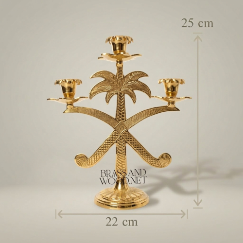 Brass Palm Tree & Crossed Swords Three-Arm Candelabra