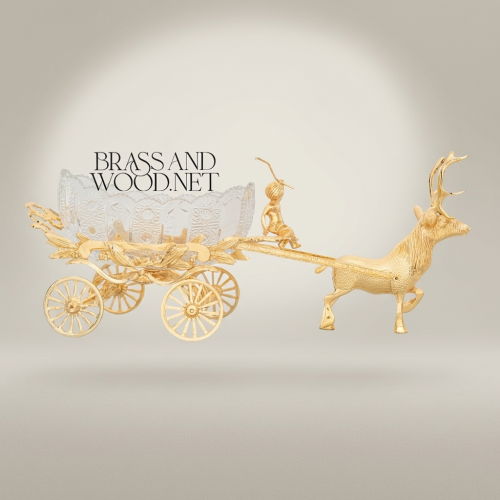 Brass Stag Chariot Decorative Bowl with Crystal Carriage & Figural Driver
