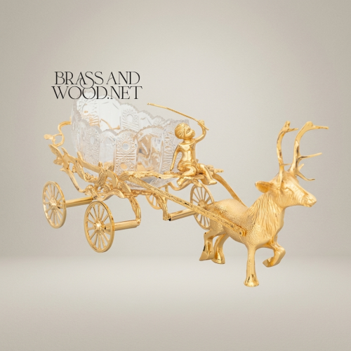 Brass Stag Chariot Decorative Bowl with Crystal Carriage & Figural Driver