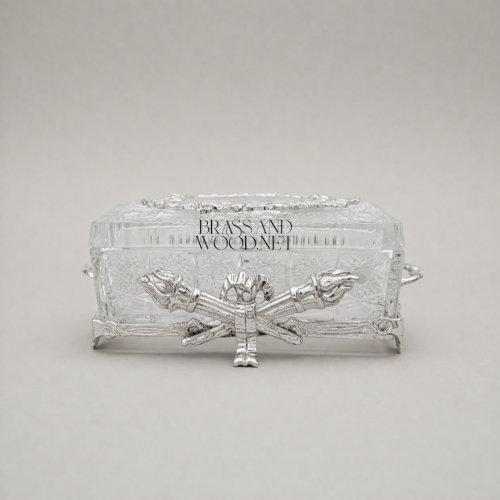 Neoclassical Crystal Tissue Box Crossed Torch Metal Appliqués Ornate Lid silver Front | Brass & Wood