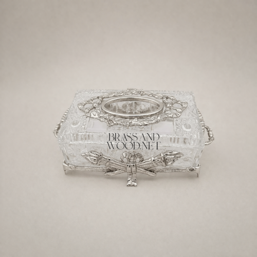 Neoclassical Crystal Tissue Box Crossed Torch Metal Appliqués Ornate Lid silver Front | Brass & Wood