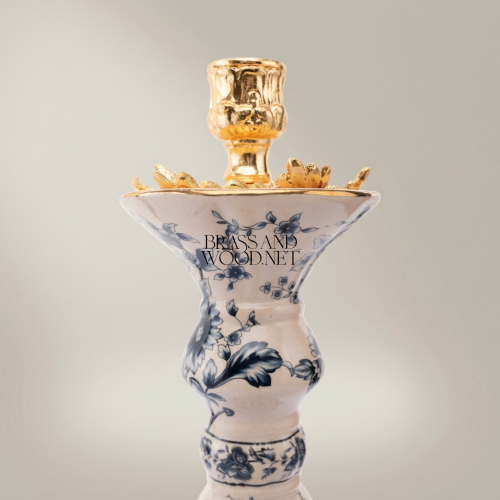 Chinoiserie Blue White Floral Porcelain Candlestick Ornate Brass Base Brass and Wood Gold Front | Brass & Wood