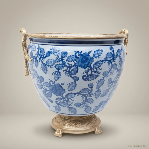 Chinoiserie Blue & White Porcelain Cachepot with Antique Brass Base – Set of 3