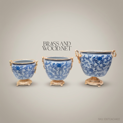 Chinoiserie Blue & White Porcelain Cachepot with Antique Gold Brass Mounts