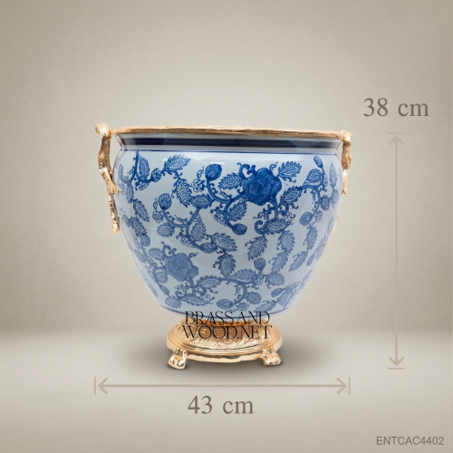 Chinoiserie Blue & White Porcelain Cachepot with Antique Gold Brass Mounts