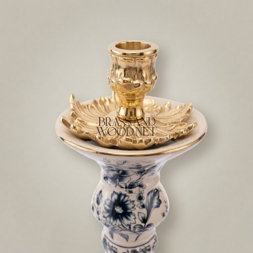 Chinoiserie Blue White Porcelain Candle Holder Ornate Brass Crown Scrolled Base Brass and Wood Gold Front | Brass & Wood