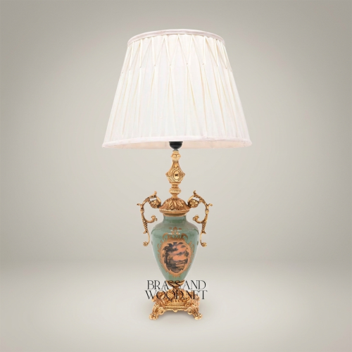 Classical Baroque Brass and Celadon Ceramic Urn Table Lamp with Floral Medallion and Pleated Off-White Shade Gold Front | Brass & Wood
