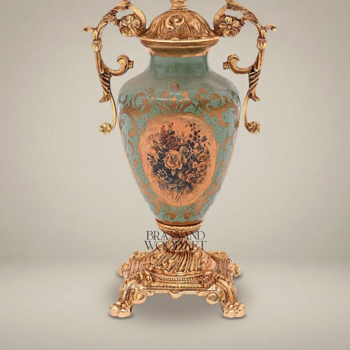Classical Baroque Brass and Celadon Ceramic Urn Table Lamp with Floral Medallion and Pleated Off-White Shade Gold Front | Brass & Wood