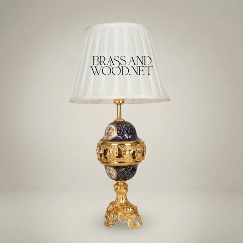 Classical Baroque Brass and Cobalt Blue Ceramic Orb Table Lamp with Floral Medallion and White Pleated Shade Gold Front | Brass & Wood