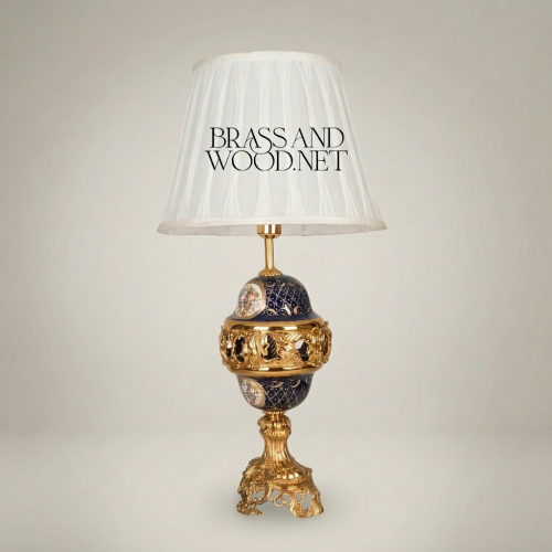 Classical Baroque Brass and Cobalt Blue Ceramic Orb Table Lamp with Floral Medallion and White Pleated Shade Gold Front | Brass & Wood