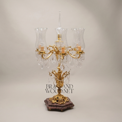 Classical Baroque Brass Crystal 5-Arm Candelabra Table Lamp with Marble Base and Crystal Drops Gold Front | Brass & Wood