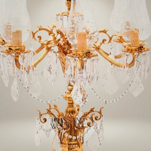 Classical Baroque Brass Crystal 5-Arm Candelabra Table Lamp with Marble Base and Crystal Drops Gold Front | Brass & Wood