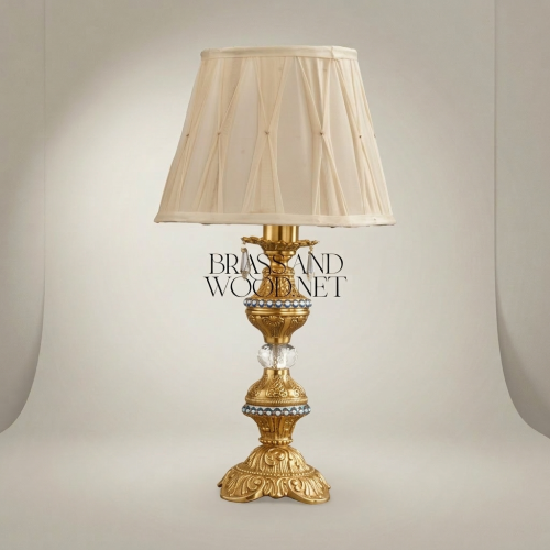 Classical Baroque Brass Crystal Table Lamp Ornate Carved Pedestal Cream Fabric Shade Gold Front | Brass & Wood