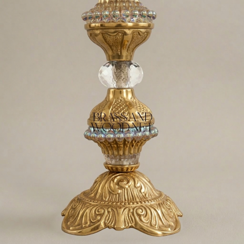 Classical Baroque Brass Crystal Table Lamp Ornate Carved Pedestal Cream Fabric Shade Gold Front | Brass & Wood