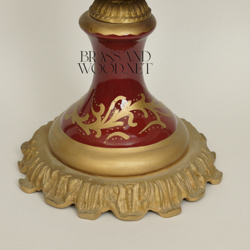 Classical Baroque Wine Red Ceramic Compote Bowl Hand-Painted Floral Medallions Brass Accents Pedestal Stand Brass and Wood Antique Front | Brass & Wood