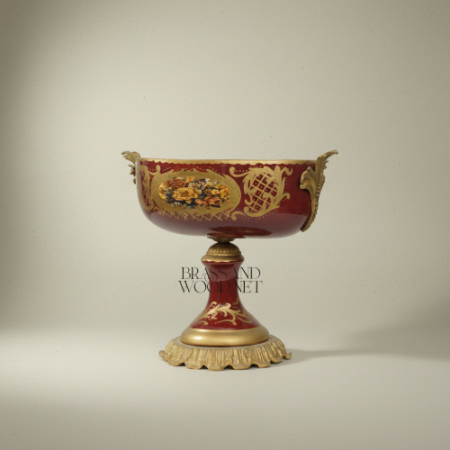 Classical Baroque Wine Red Ceramic Compote Bowl Hand-Painted Floral Medallions Brass Accents Pedestal Stand Brass and Wood Antique Front | Brass & Wood