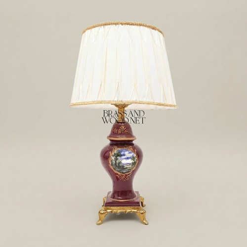 Classical Baroque Wine Ceramic Table Lamp Hand-Painted Medallion Ornate Brass Footed Base Pleated Shade Brass and Wood Gold Front | Brass & Wood