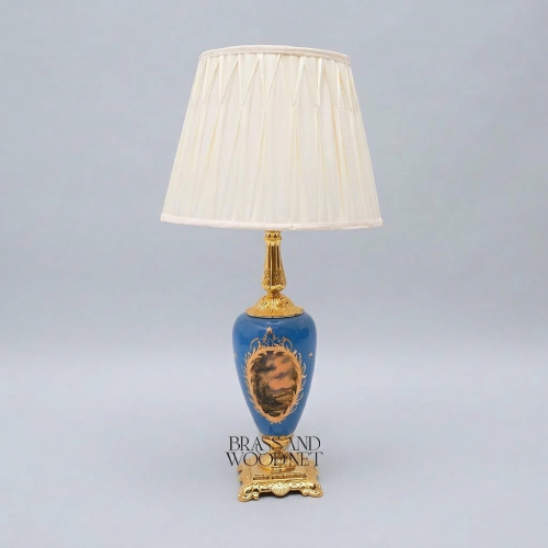 Classical Baroque Blue Ceramic Urn Table Lamp Hand-Painted Floral Panel Brass Base Cream Shade Gold Front | Brass & Wood