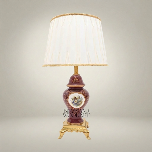 Classical Baroque Wine Ceramic Table Lamp Hand-Painted Medallion Ornate Brass Footed Base Pleated Shade Brass and Wood Gold Front | Brass & Wood