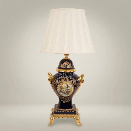 Classical Baroque Navy Blue Ceramic Urn Table Lamp Floral Medallion Sculpted Handles Ivory Pleated Shade Brass and Wood Gold Front | Brass & Wood