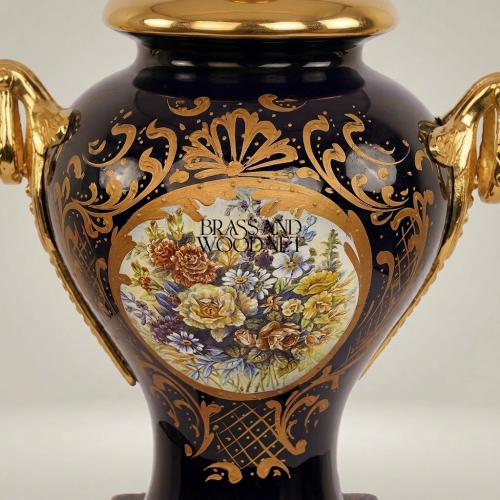 Classical Baroque Navy Blue Ceramic Urn Table Lamp Floral Medallion Sculpted Handles Ivory Pleated Shade Brass and Wood Gold Front | Brass & Wood