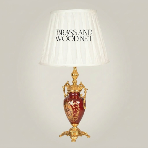 Classical Baroque Ceramic Urn Table Lamp Hand-Painted Floral Brass Base White Pleated Shade Brass and Wood Gold Front | Brass & Wood