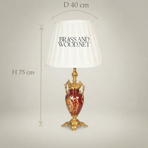 Classical Baroque Ceramic Urn Table Lamp Hand-Painted Floral Brass Base White Pleated Shade Brass and Wood Gold Front | Brass & Wood