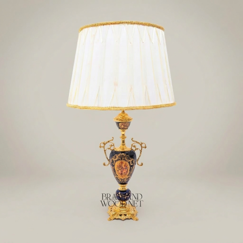 Classical Baroque Ceramic Urn Table Lamp Navy Blue Hand-Painted Medallion Brass Ornate Gold Front | Brass & Wood