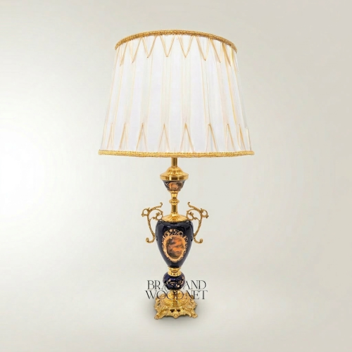 Classical Baroque Ceramic Urn Table Lamp Navy Blue Hand-Painted Medallion Brass Ornate Gold Front | Brass & Wood