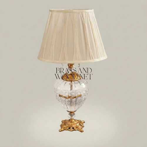 Classical Baroque Engraved Crystal Globe Brass Table Lamp with Cream Fabric Shade - Brass and Wood Gold Front | Brass & Wood