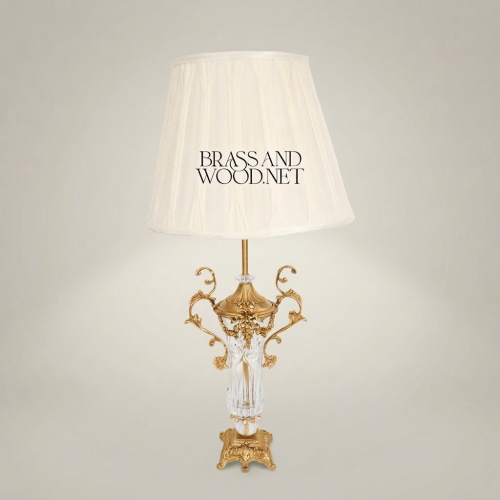 Classical Baroque Crystal Brass Table Lamp Ornate Scrollwork Urn Base White Fabric Shade Brass and Wood Gold Front | Brass & Wood