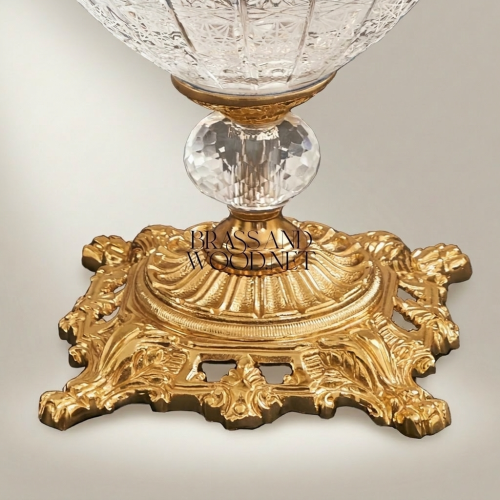 Classical Baroque Engraved Crystal Globe Brass Table Lamp with Cream Fabric Shade - Brass and Wood Gold Front | Brass & Wood