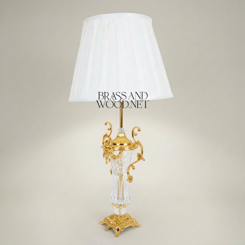 Classical Baroque Crystal Brass Table Lamp Ornate Scrollwork Urn Base White Fabric Shade Brass and Wood Gold Front | Brass & Wood