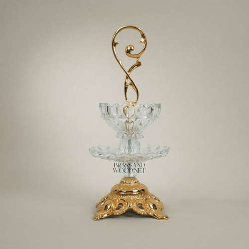Classical Baroque Two-Tier Crystal and Brass Candy Dish Ornate Scroll Handle Luxury Stand - Brass and Wood Gold Front | Brass & Wood