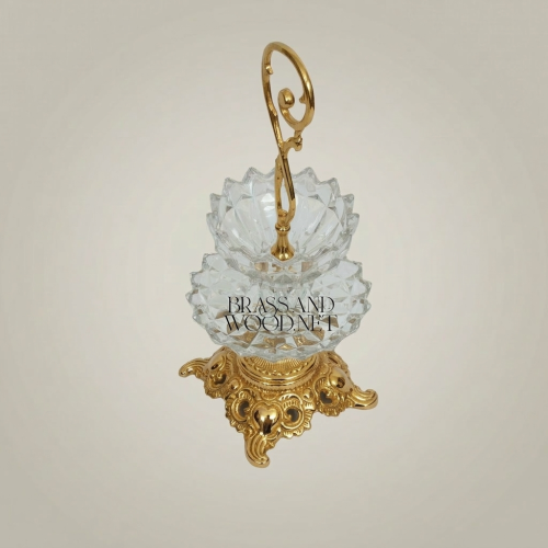 Classical Baroque Two-Tier Crystal and Brass Candy Dish Ornate Scroll Handle Luxury Stand - Brass and Wood Gold Front | Brass & Wood
