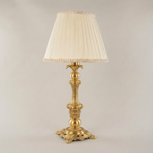 Classical Baroque Ornate Candlestick Table Lamp with Cream Pleated Fabric Shade Brass & Wood Gold Front | Brass & Wood
