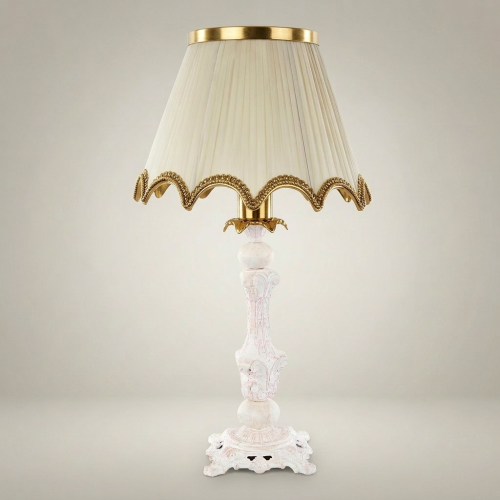 Classical Baroque Ornate Candlestick Table Lamp with Cream Pleated Fabric Shade Brass & Wood Gold Front | Brass & Wood