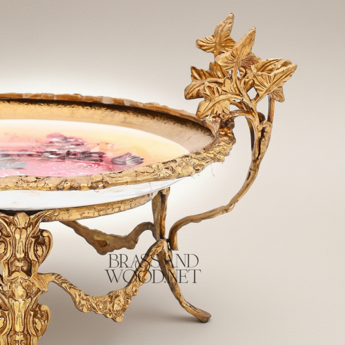 Classical Brass Footed Tazza Floral Hand-Painted Ceramic Plate Ivy Leaf Stand Brass and Wood Antique Front | Brass & Wood