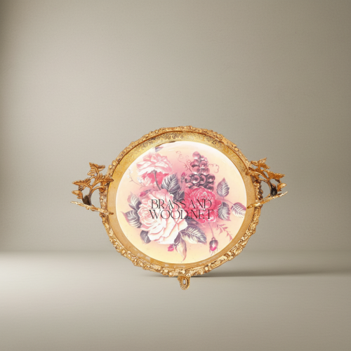 Classical Brass Footed Tazza Floral Hand-Painted Ceramic Plate Ivy Leaf Stand Brass and Wood Antique Front | Brass & Wood