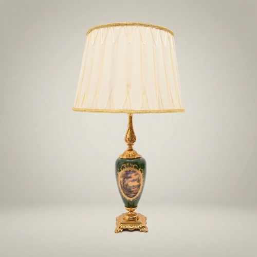 Classical Brass Ceramic Hand-Painted Scenic Urn Table Lamp Cream Pleated Shade Gold Front | Brass & Wood