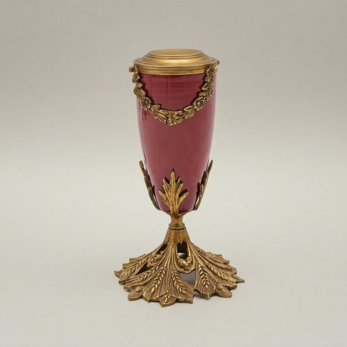 Classical Brass Ceramic Urn Table Lamp Acanthus Leaf Base Floral Garland Off-White Pleated Shade antique Front | Brass & Wood