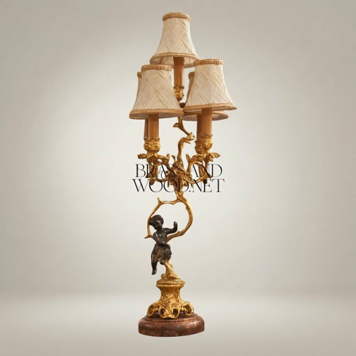 Classical Brass Cherub Figurine 3-Arm Candelabra Table Lamp with Cream Woven Shades and Marble Base Gold Front | Brass & Wood