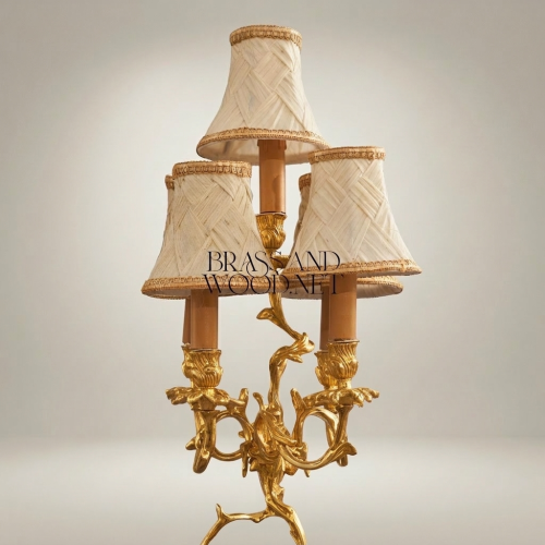 Classical Brass Cherub Figurine 3-Arm Candelabra Table Lamp with Cream Woven Shades and Marble Base Gold Front | Brass & Wood
