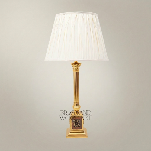 Classical Brass Fluted Column Table Lamp Ornate Square Base Ivory Pleated Shade Gold Front | Brass & Wood