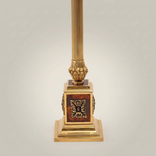 Classical Brass Fluted Column Table Lamp Ornate Square Base Ivory Pleated Shade Gold Front | Brass & Wood